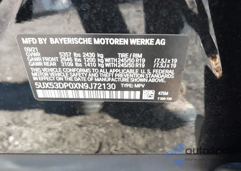 2022 BMW X3 xDrive30I z USA, uszkodzony, nr VIN 5UX53DP0XN9J72130